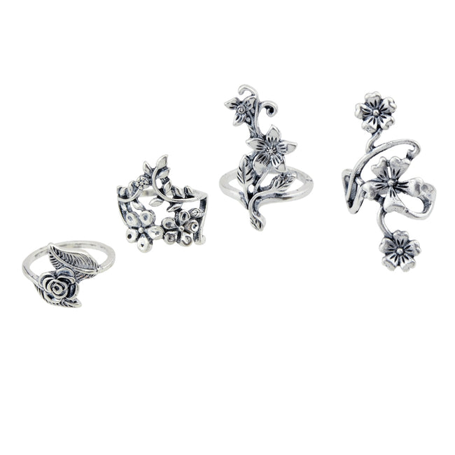 Antique Silver Color With Flower Rings Set
