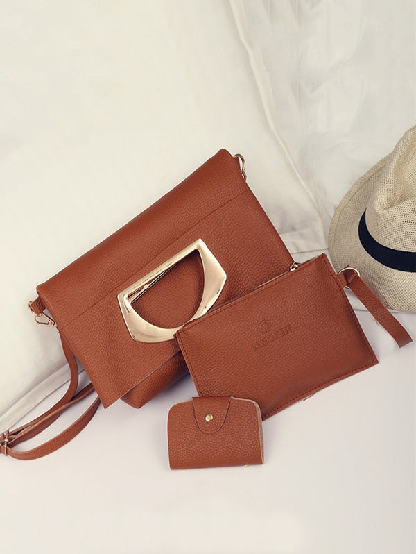Simple Style Solid Leather Handbag Set