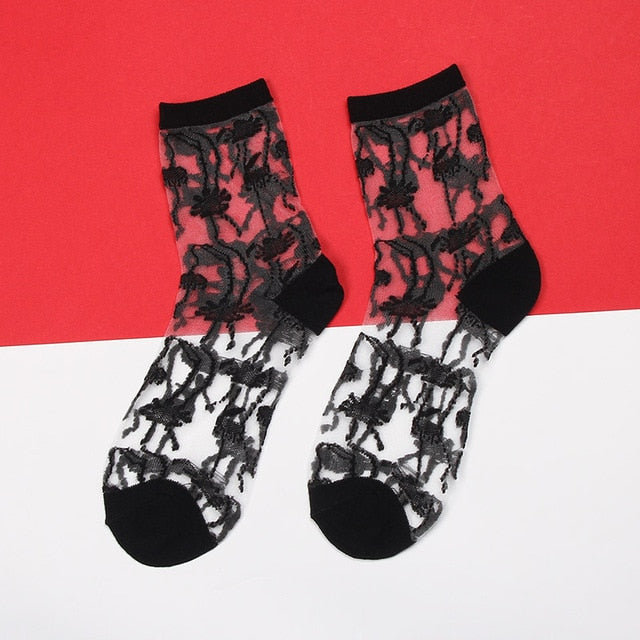Womens Silk Lace Transparent Socks Black