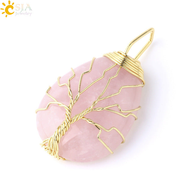 Necklace Pendant Wire Wrap Natural Stone Pink
