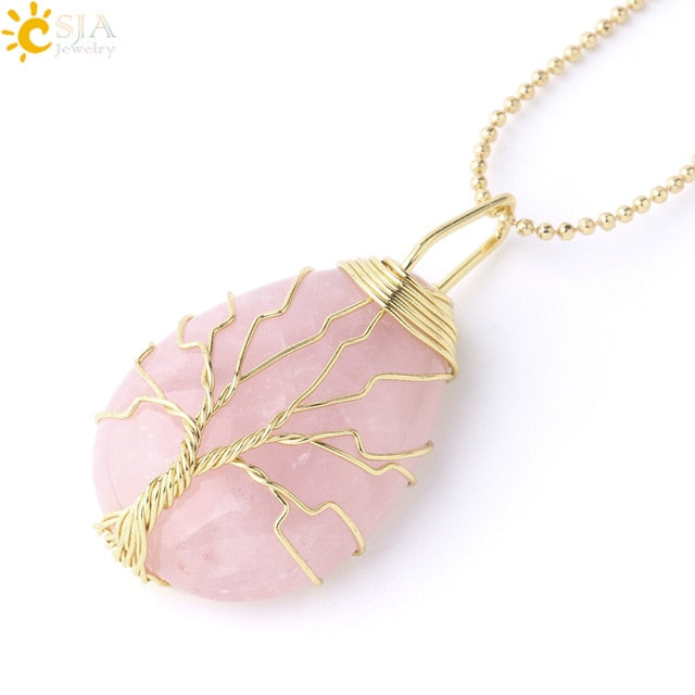 Necklace Pendant Wire Wrap Natural Stone Pink