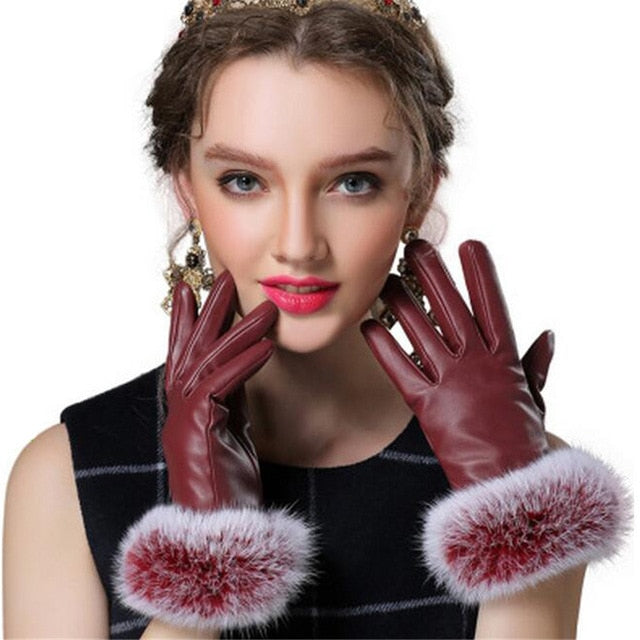 Leather Gloves Woman Fashion Black PU Leather