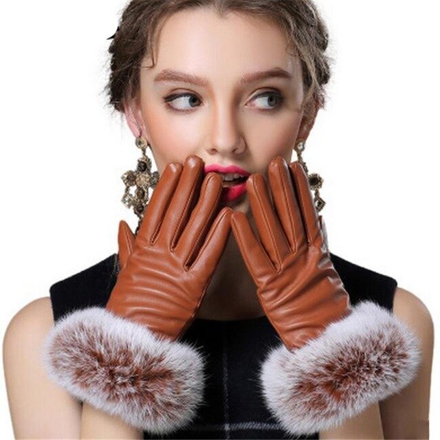 Leather Gloves Woman Fashion Black PU Leather