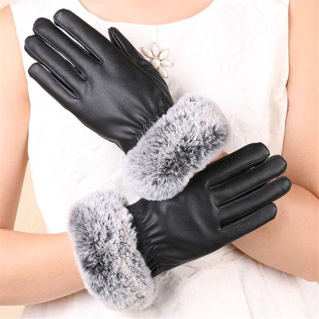 Leather Gloves Woman Fashion Black PU Leather