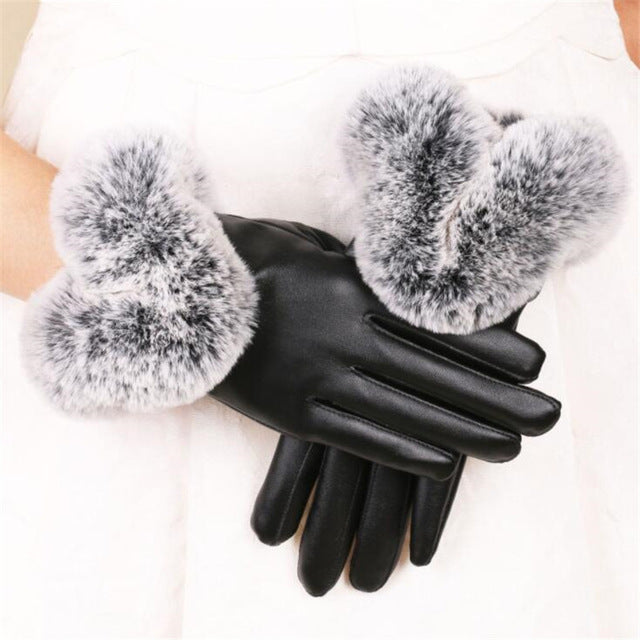 Leather Gloves Woman Fashion Black PU Leather