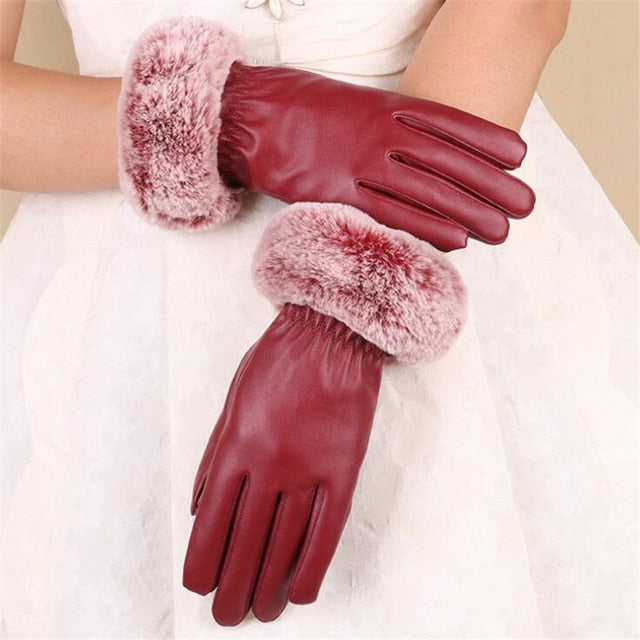 Leather Gloves Woman Fashion Black PU Leather