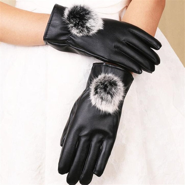 Leather Gloves Woman Fashion Black PU Leather