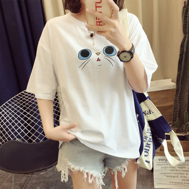 Casual Cute Cat Face Print Shirts Sweet Slim