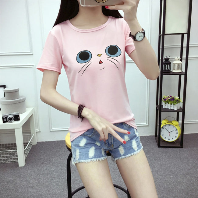 Casual Cute Cat Face Print Shirts Sweet Slim