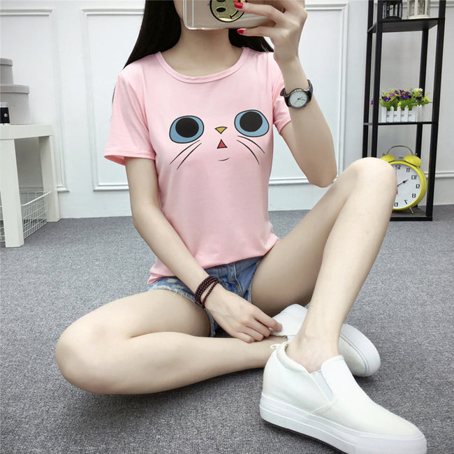 Casual Cute Cat Face Print Shirts Sweet Slim