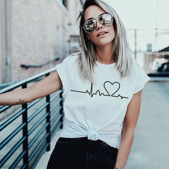 Printed Summer Black Round neck Casual Heartbeat