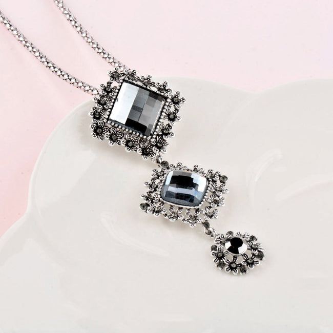Vintage Gray Cubic Square Pendant Necklace