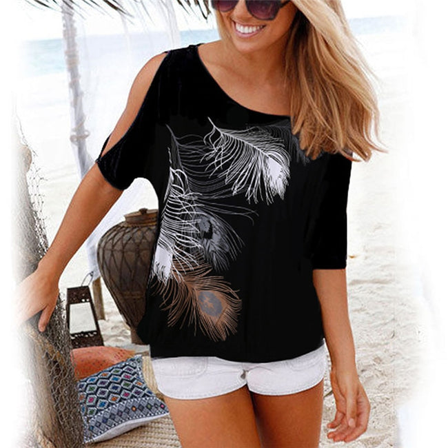 Short Sleeve Tops Tees Sexy Off Shoulder Feather
