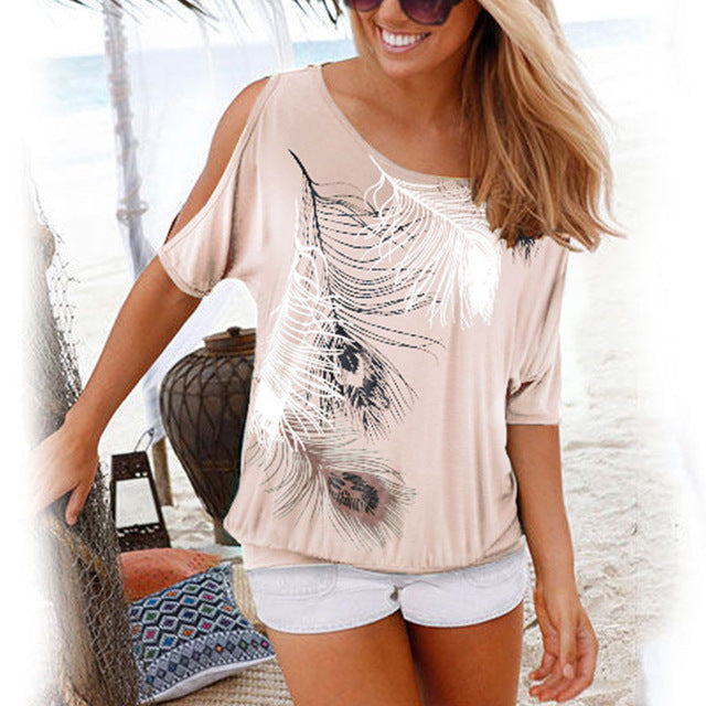 Short Sleeve Tops Tees Sexy Off Shoulder Feather