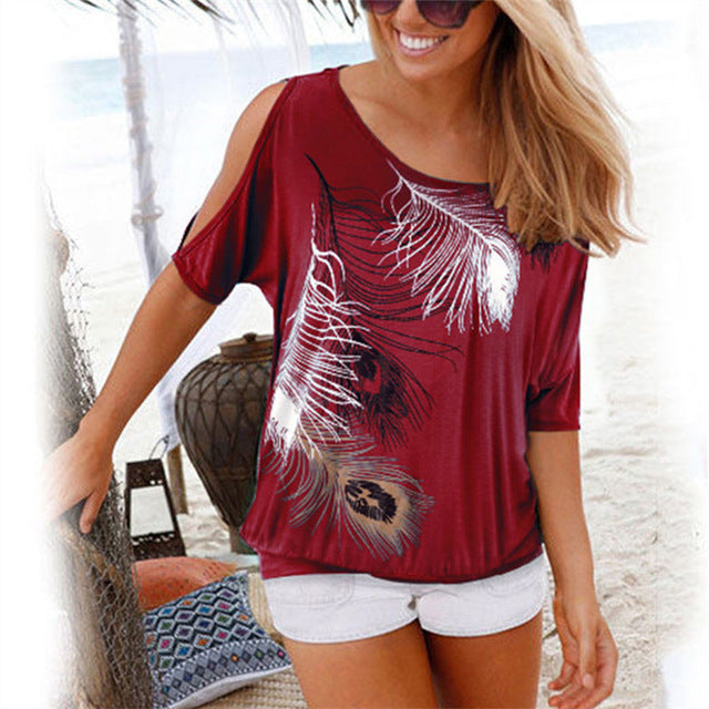 Short Sleeve Tops Tees Sexy Off Shoulder Feather