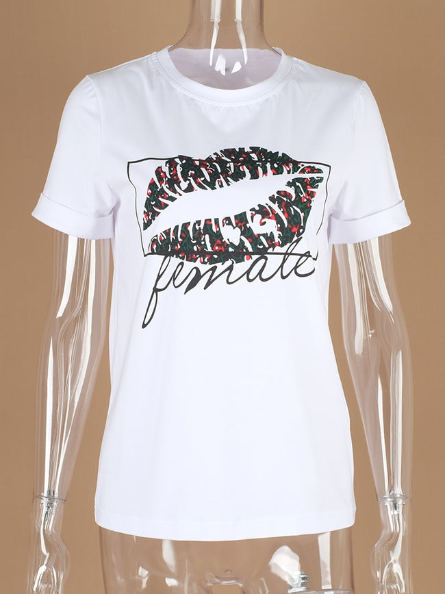 Lips Print Summer Tshirts Women Female Casual
