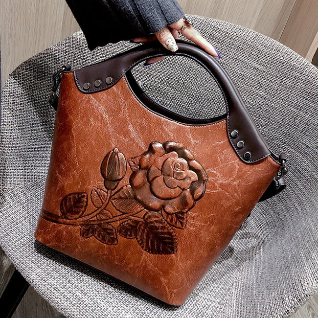 Handbag Rose Print Lady Leather Large Capacity