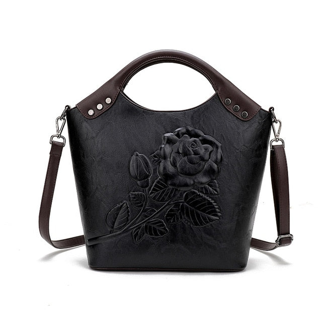 Handbag Rose Print Lady Leather Large Capacity