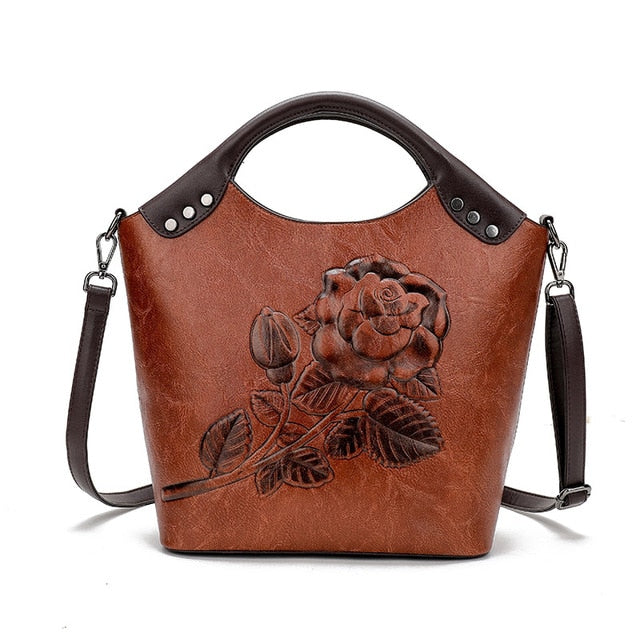 Handbag Rose Print Lady Leather Large Capacity