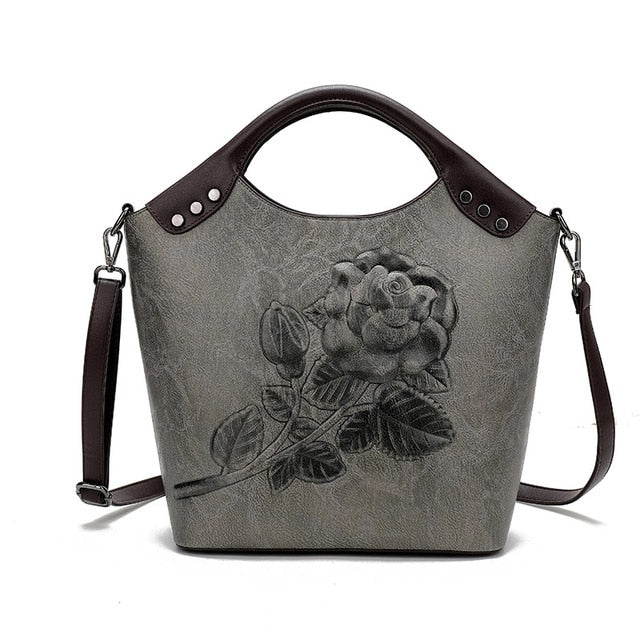 Handbag Rose Print Lady Leather Large Capacity