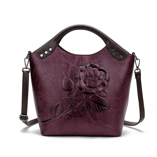 Handbag Rose Print Lady Leather Large Capacity