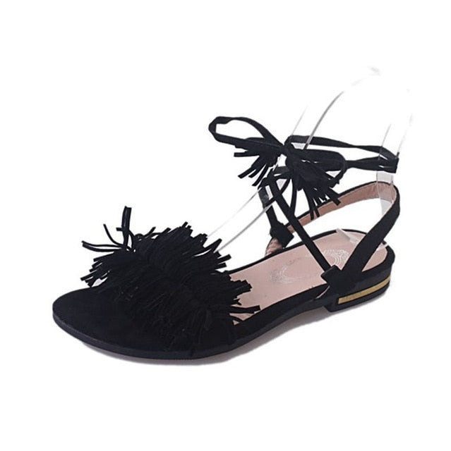 Real Fur Ankle Strap Gladiator Sandals Women Flats