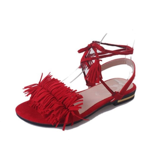 Real Fur Ankle Strap Gladiator Sandals Women Flats