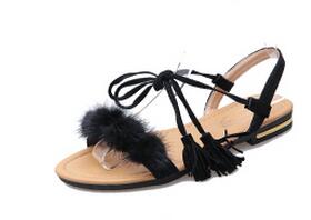 Real Fur Ankle Strap Gladiator Sandals Women Flats