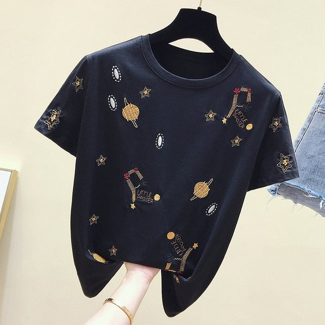T shirt Women Clothes Summer Short Sleeve Embroidery
