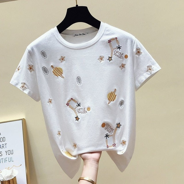 T shirt Women Clothes Summer Short Sleeve Embroidery