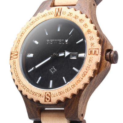 Wooden Date Quartz Wrist Watch with Gear Shape
