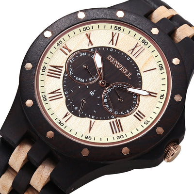 Wooden Quartz Watch Date Day Display Roman