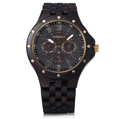 Wooden Quartz Watch Date Day Display Roman