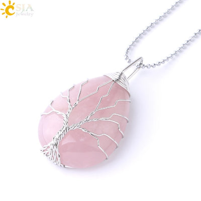 Necklace Pendant Wire Wrap Natural Stone Pink