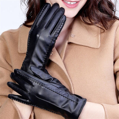 Leather Gloves Woman Fashion Black PU Leather